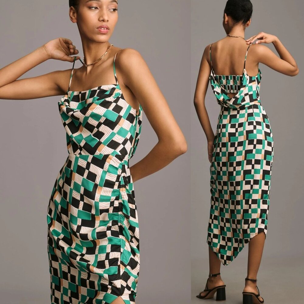 NEW By Anthropologie Sleeveless Draped-Back Asymmetrical Slip Midi Dress Green